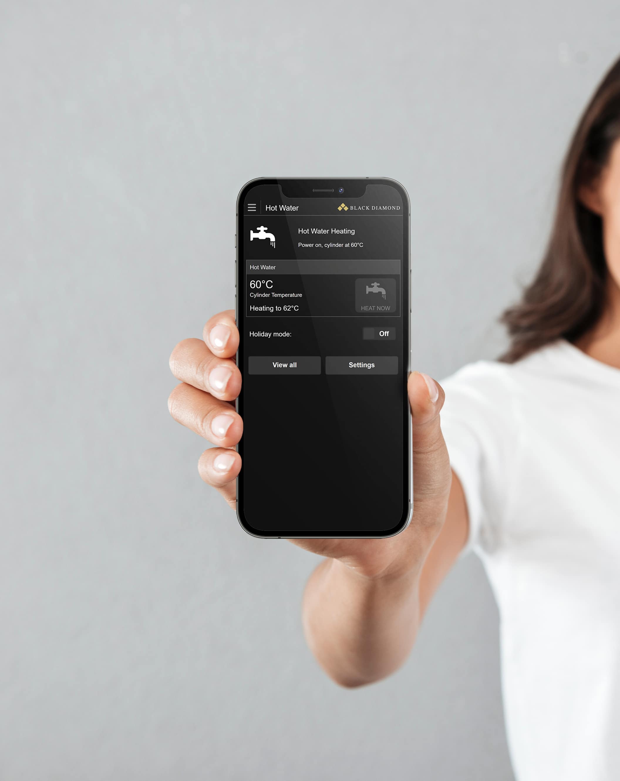 AquaCore Wi-Fi control app on smartphone - manage hot water remotely